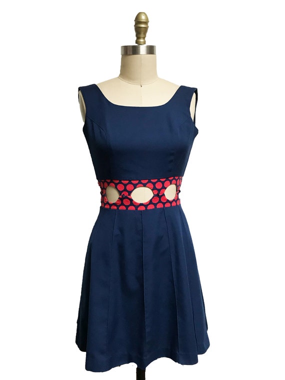 Vintage 1960s Cut Out Dress - Red Polka Dot Navy … - image 2