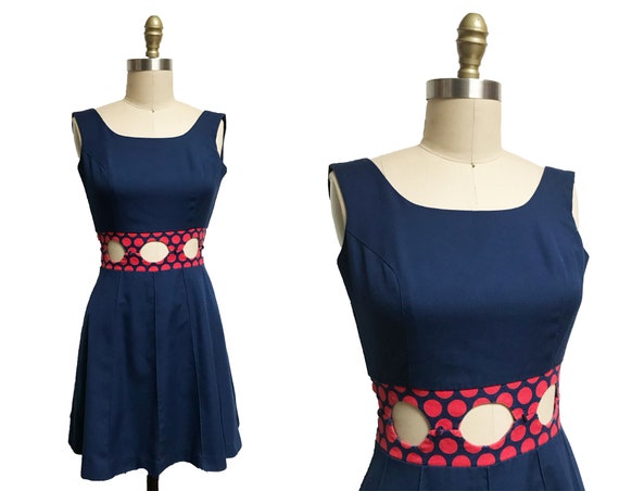 Vintage 1960s Cut Out Dress - Red Polka Dot Navy … - image 1