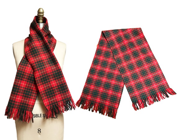 Vintage 1940s Scarf - Plaid Tartan Fridge Red Gree