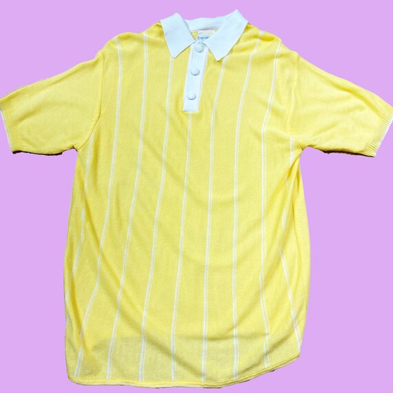 Vintage 1970s Yellow Knit Striped Polo - Short Sl… - image 6
