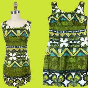 Vintage 1960s Hawaiian Dress - Keone Green Short Mini Floral Aloha Tiki Waist: 29&quot;