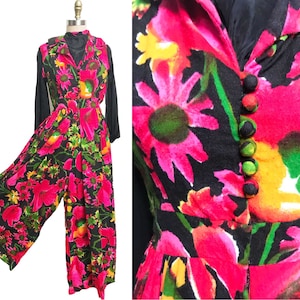 Vintage 1960s 1970s Pink Black Orange Floral Jumpsuit - Day Glo Hawaiian Tiki Sheer Black Sleeves Wide Leg Waist-26&quot;