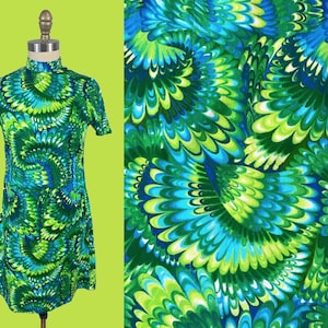 Vintage 1960s 1970s Hawaiian Short Mod Dress - Day Glo Psychedelic Green Blue Abstract Print Size: XS