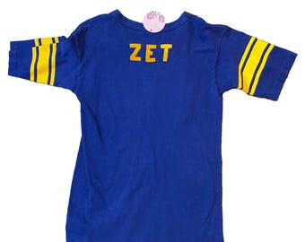 Vintage 1970s Champion Jersey T-shirt - Navy Blue Yellow Velvet