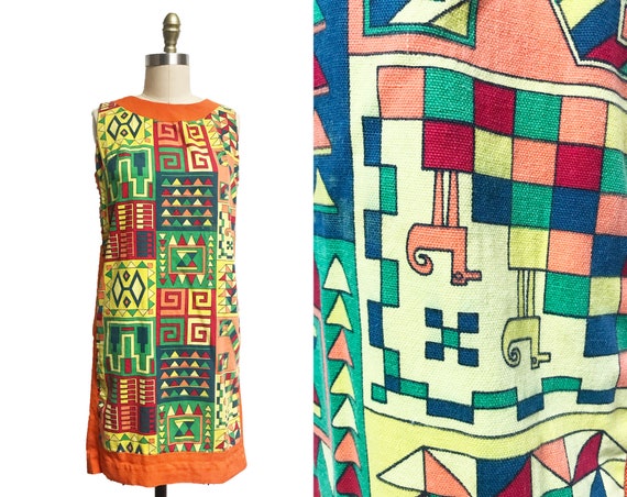 Vintage 1960s Colorful Dress - Abstract Square Eg… - image 1