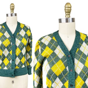 Vintage 1960s Argyle Green Yellow Ivory Cardigan - Sears Long Sleeve Sweater Size: XS/Small