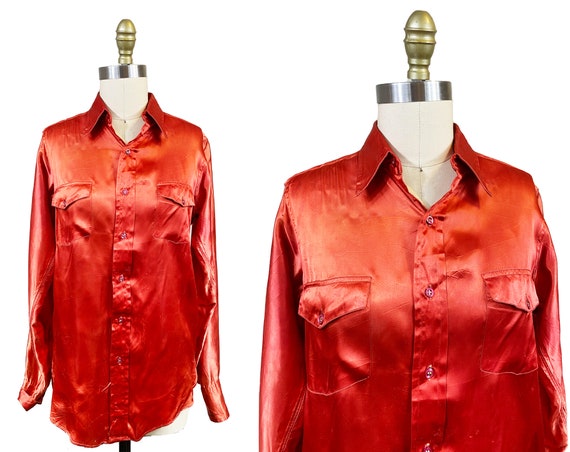 Vintage 1940s Red Mens Western Satin Button Up Sh… - image 1