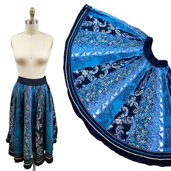 Vintage 1990s Blue Black Paisley Circle Skirt - Mexican Hand-painted Style Full Rick Rack Waist: 25"- 29.5"