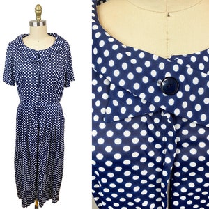 Vintage VOLUP 1960&#39;s Navy Polka Dot Dress- Neck Tie Zip Front Button Pocket Detail Waist 32&quot;