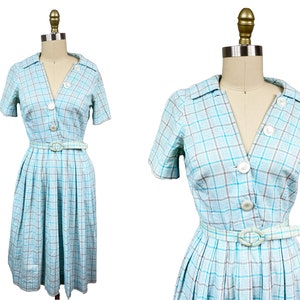 Vintage 1950s Blue White Window Pane Dress - Large Buttons Matching Belt Waist: 27&quot;