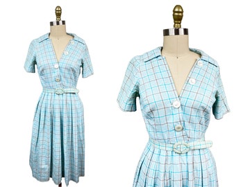 Vintage 1950s Blue White Window Pane Dress - Large Buttons Matching Belt Waist: 27"