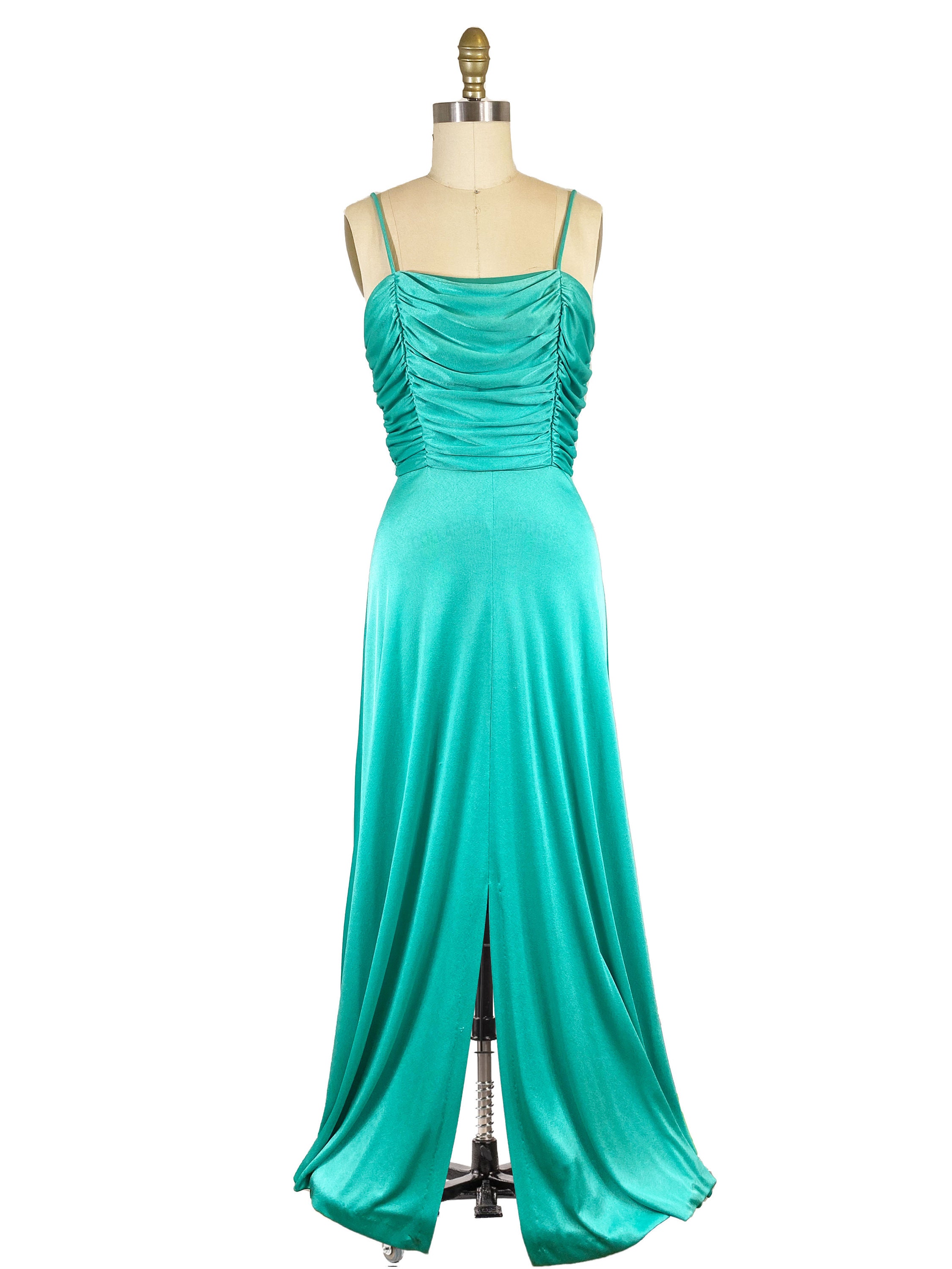 Prom Tank Vintage 1970s Teal Green Gown - Prom Tank Sleeve Maxi Long Dress Waist ...
