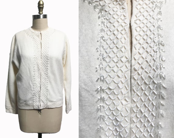 Vintage 1950s 1960s White Cardigan - Beaded Angor… - image 1