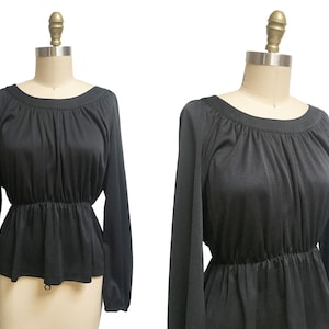 Vintage 1970s Solid Black Long Sleeve Peplum Blouse - Polyester Size: Large