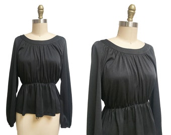 Vintage 1970s Solid Black Long Sleeve Peplum Blouse - Polyester Size: Large