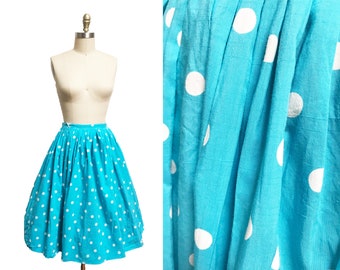 Vintage 1950s Blue White Polka Dot Skirt - High Waisted Waist: 26"
