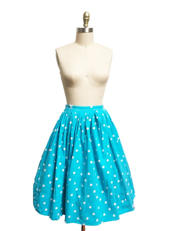 Vintage 1950s Blue White Polka Dot Skirt - High W… - image 2