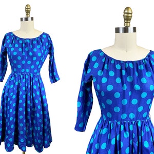 Vintage 1950&#39;s Anne Fogarty  Blue Polka Dot Dress- Teal Circle Full Skirt Iconic  Waist-24&quot;