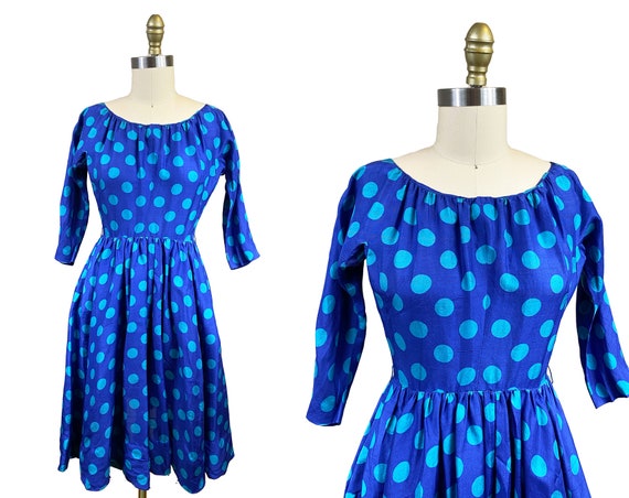 Vintage 1950's Blue Polka Dot Dress- Teal Circle … - image 1