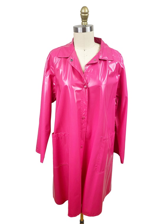 Vintage 1980s Pink Raincoat - Aqua Sheen Large Pockets Vinyl Vintage 1980s Pink Raincoat - Aqua Sheen Large Pockets Vinyl