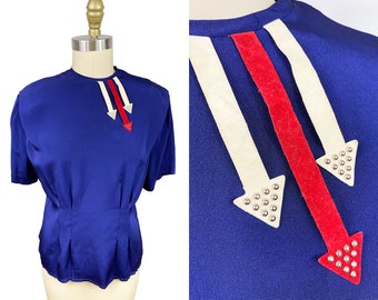 Vintage VOLUP 1940s Navy Blouse - Red White Arrow Detail Studded Velvet Cutout Rayon Size: Large