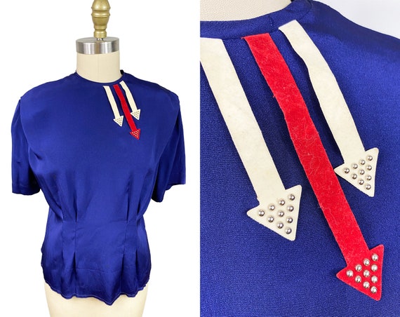 Vintage VOLUP 1940s Navy Blouse - Red White Arrow… - image 1