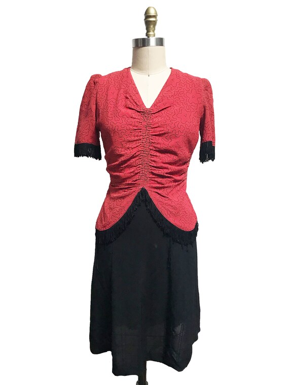 RARE Vintage 1940s Red Black Soutache Dress - Fri… - image 2