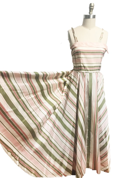 Vintage 1940s Pink Green Striped Gown - Circle Sk… - image 2