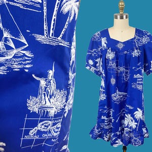 Vintage 1980s Landkarten Kleid - Blau Weiß King Kamehameh Compass Mumu Boot Palmen Urlaubsstrand