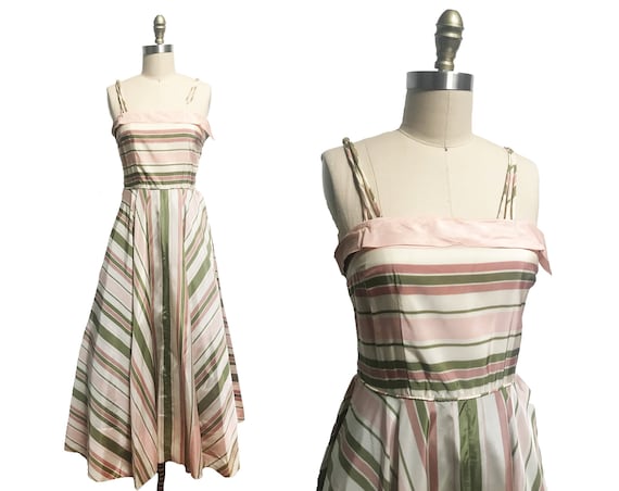 Vintage 1940s Pink Green Striped Gown - Circle Sk… - image 1