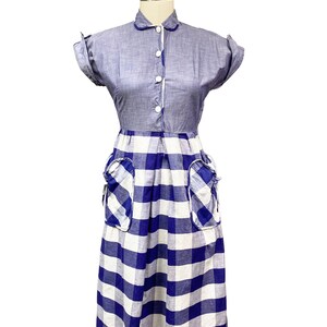 Vintage 1940s Navy Blue Window Pane Dress Detailed Bow Pocket Waist: 27 image 2