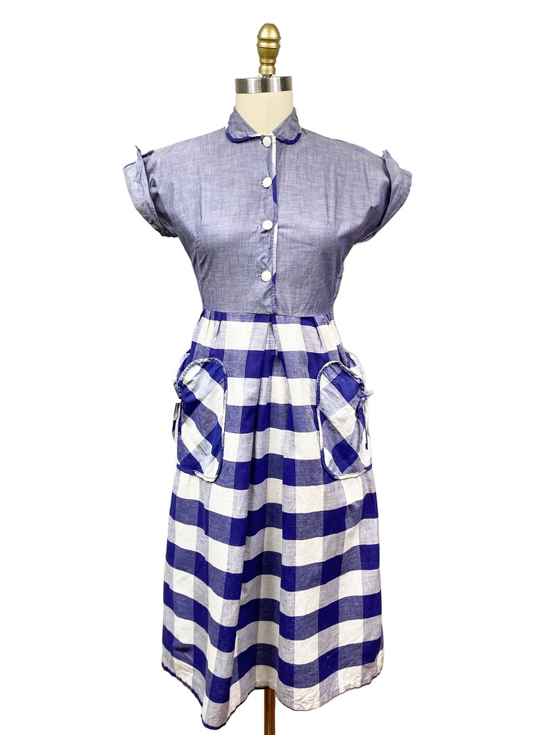 Vintage 1940s Navy Blue Window Pane Dress Detailed Bow Pocket Waist: 27 image 2