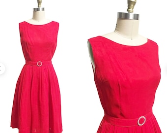 Vintage 1950s 1960s Red Chiffon Dress - Valentines Day Evening Matching Belt Dress Waist-28”