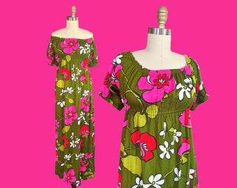 Vintage 1960s 1970s Hawaiian Dress - Barkcloth Green Pink Floral Long maxi Waist: 23"-38"