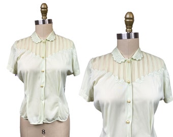 Vintage 1950s Mint Green Sheer Short Sleeve Button up Blouse Size: Medium