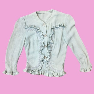 Vintage 1940s Mint Green Blouse- Covered Buttons Ruffle Detail 3/4 Sleeves Size: XS