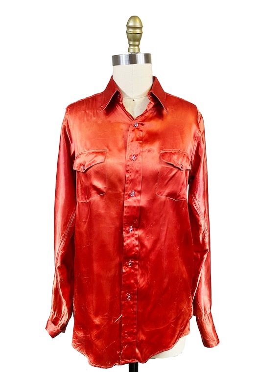 Vintage 1940s Red Mens Western Satin Button Up Sh… - image 6