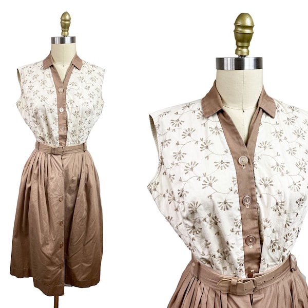 Vintage Worn on Marvelous Mrs Maisel 1950s Matching Brown Ivory Embroidered  Tank top Skirt Belt  Cotton Summer Dress Waist : 25"