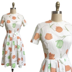 Vintage 1950s White Green Orange Flower Dress- Sheer Overlay Waist: 25&quot;