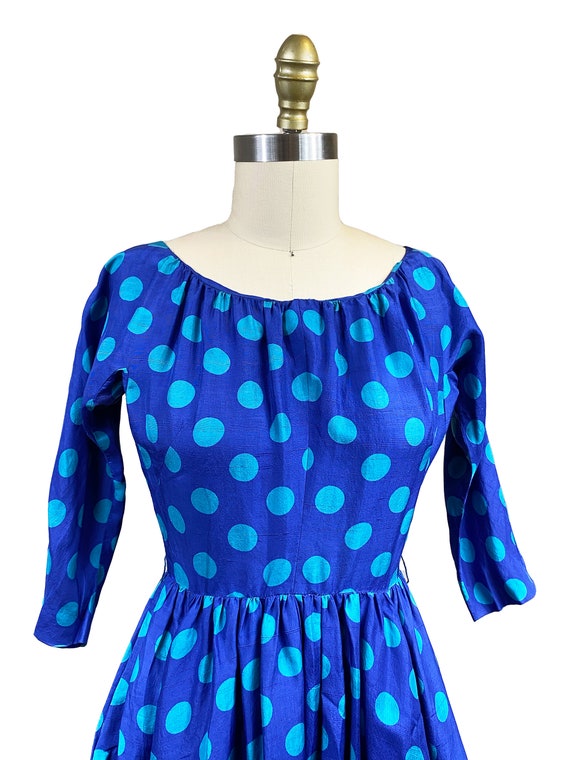 Vintage 1950's Blue Polka Dot Dress- Teal Circle … - image 3