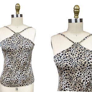 Vintage 1990s Leopard Cheetah Print Stretch Jersey Knit Spaghetti Strapped Halter Summer Tank Top Size: Medium