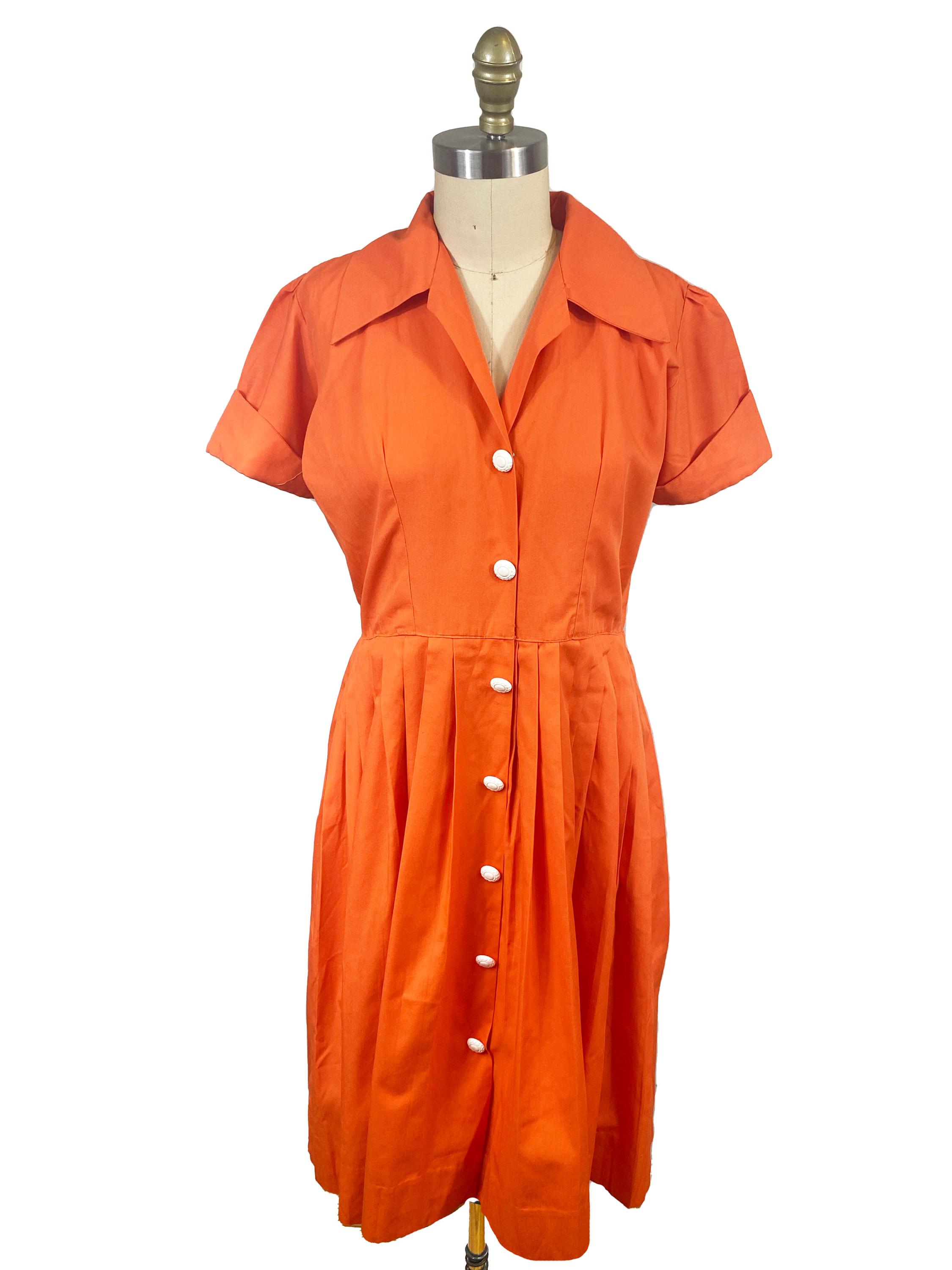 Vintage 1950 Orange Shirt Dress - White Button Front Short Sleeve