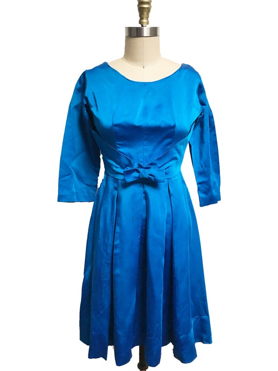 Vintage 1960's  Blue Satin Dress- Long Sleeve Bow… - image 2