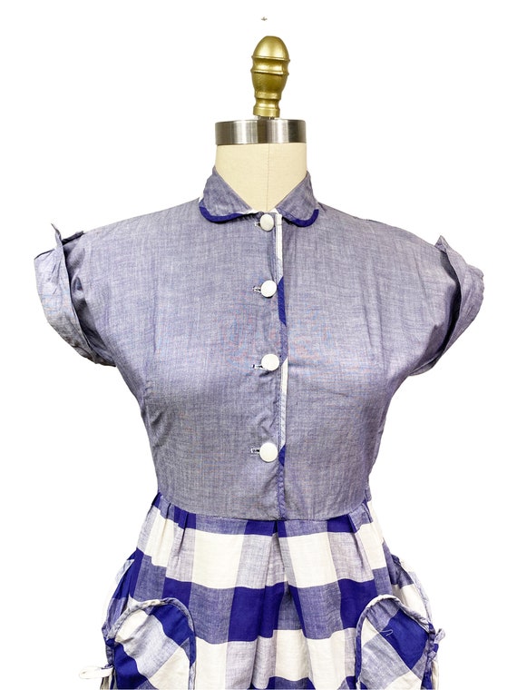 Vintage 1940s Navy Blue Window Pane Dress - Detai… - image 3