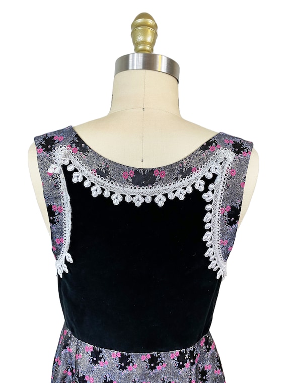 Vintage Dirndl Dress - Black Velvet Pink Brocade … - image 5