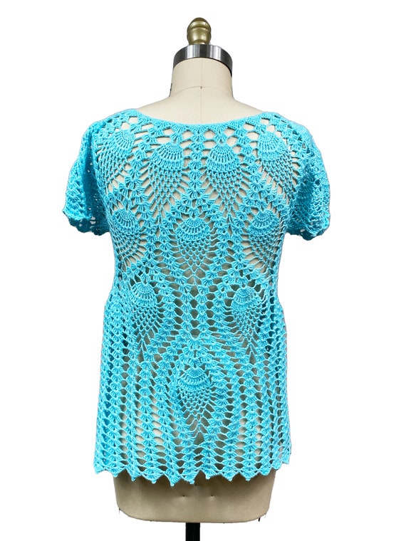 Vintage 1970s Blue Crochet Knit Top; Peacock Eyes… - image 4