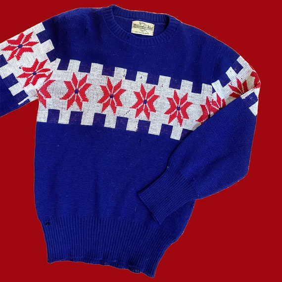 Vintage 1940s Christmas Snowflake Sweater - Navy … - image 9