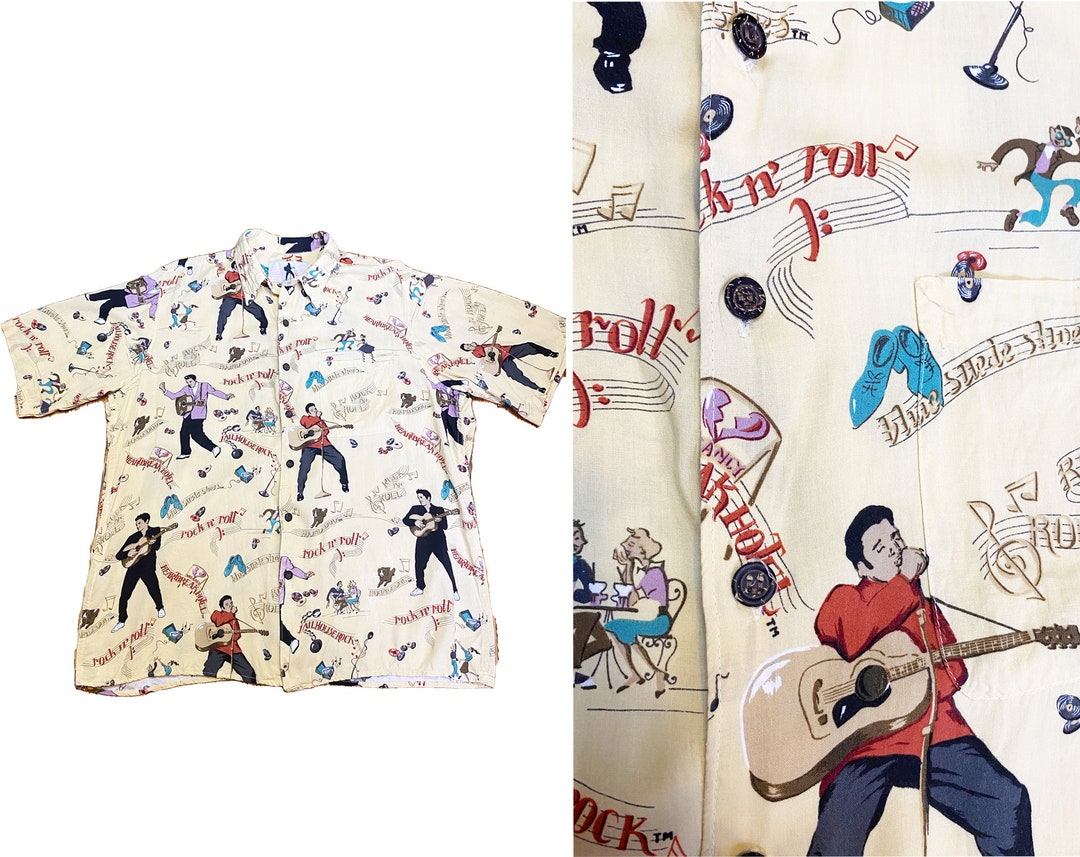 Reyn Spooner Elvis Presley 愛満載のアロハシャツ S Vintage 1990s Elvis Rayon Hawaiian Shirt - Novelty Print Yellow