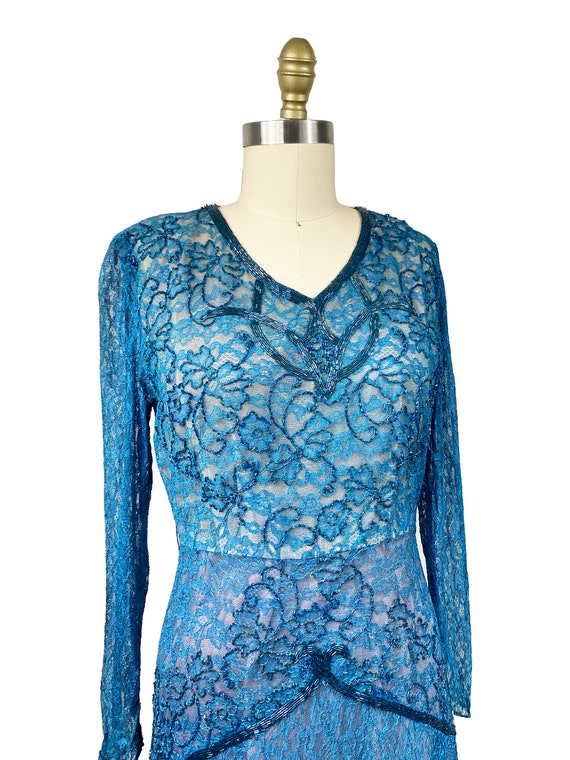 Vintage 1940s Blue Lace Beaded Gown - Long sleeve… - image 3