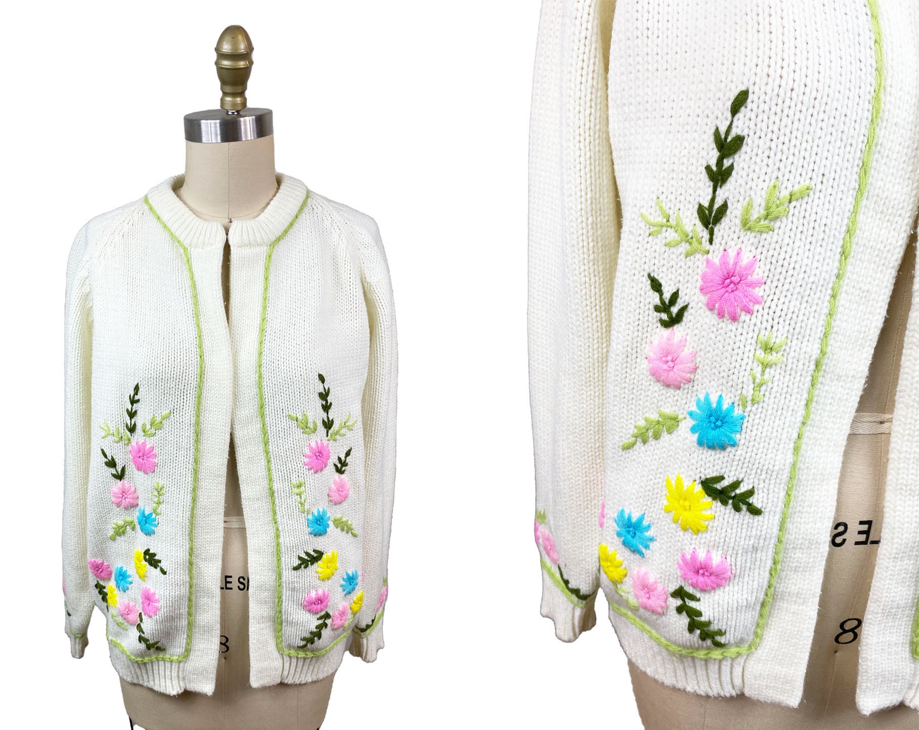 60s Floral Embroidered Cardigan, Vintage 1960s White Flower